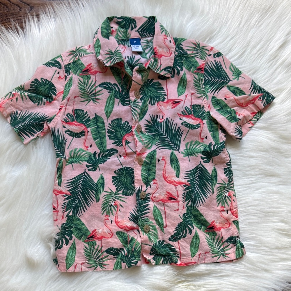 Old Navy Pink and Green Tropical Flamingo Print button down Shirt